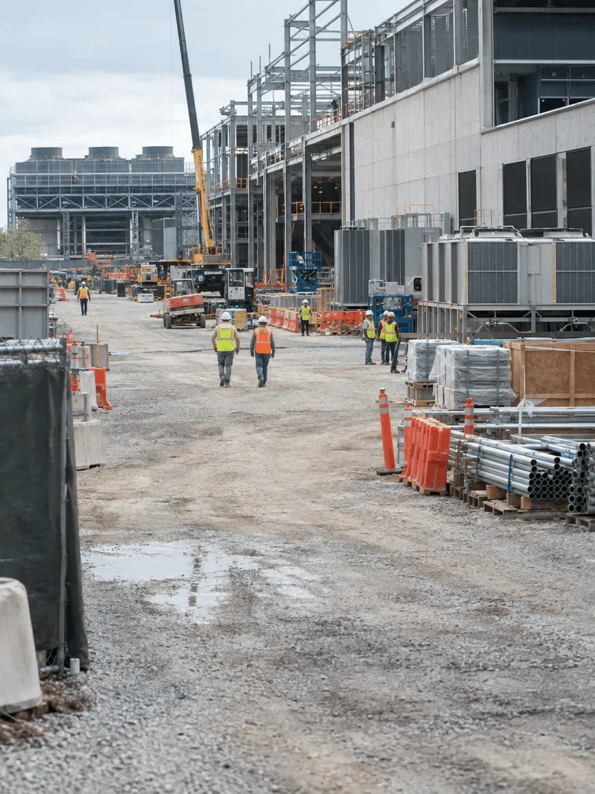Two workers in hard hats walking past rows of electrical switchgear inside a data center under construction, one pointing out equipment to the other.
