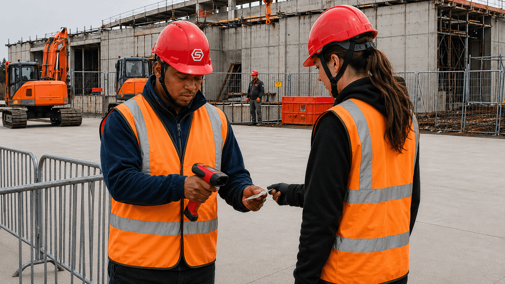 An Access Control Officer in a Sitemetric hard hat scanning a worker's badge with a handheld scanner beside a jobsite fence.