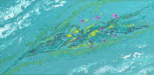 A blue green background with thick white and dark green drifts and spots of flower like pink.