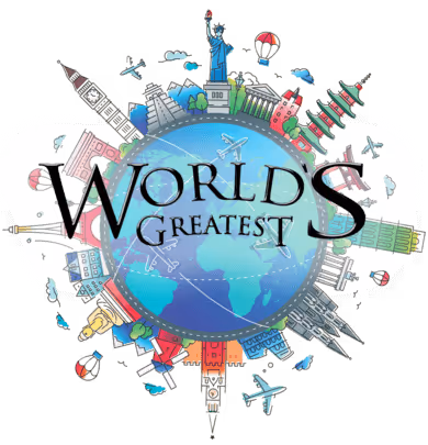 Illustration of the globe with famous world landmarks and the text “World’s Greatest” across the center.