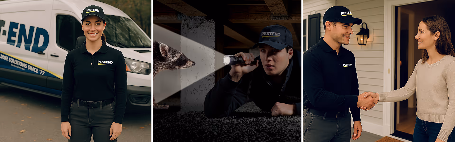 A pest control worker poses by a van, inspects with a flashlight, and shakes hands with a customer at her door.