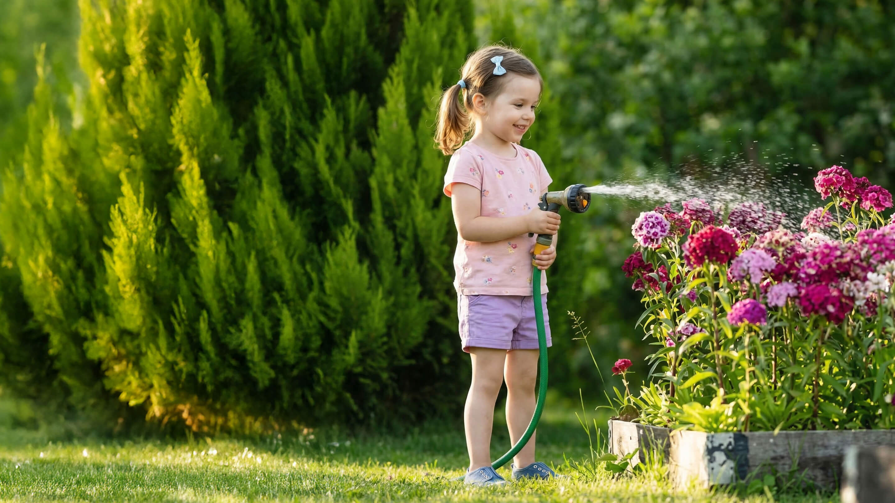 Young girl in pink shirt and purple shorts watering flowers with a garden hose in a sunny garden.