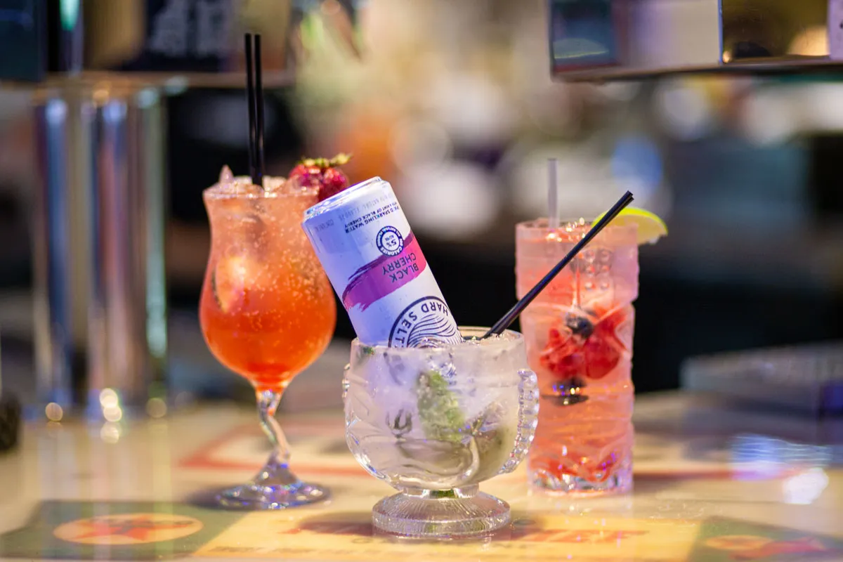 mixed drinks on bar top