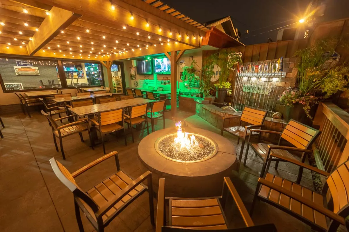 fire pit on patio at night