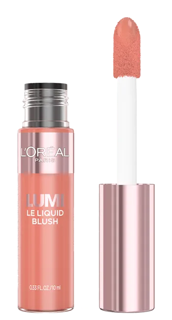 L'Oréal Paris Lumi Le Liquid Blush in a peachy coral shade with the applicator wand beside the open bottle.
