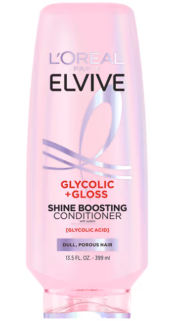 L'Oréal Paris Elvive Hyaluron + Pure rehydrating conditioner bottle with purple design.