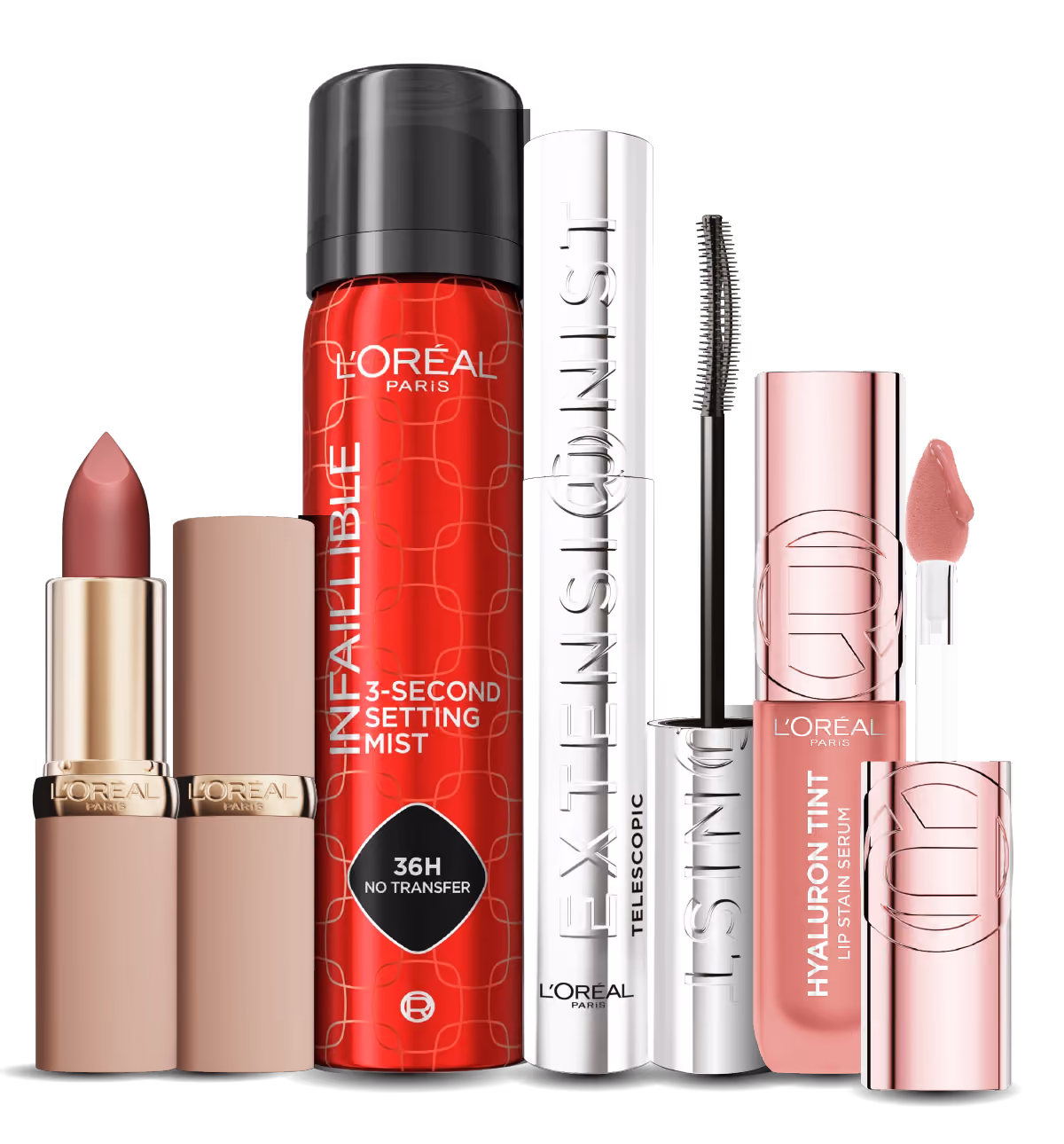 L'Oréal lipstick, red setting mist, telescopic mascara, and hyaluron tint lip stain serum products.
