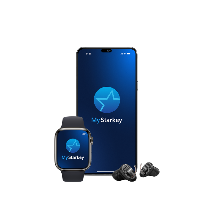 Starkey hearing aids connected to a smartphone app, allowing users to manage hearing settings, volume controls, and personalized hearing experiences from a mobile device.