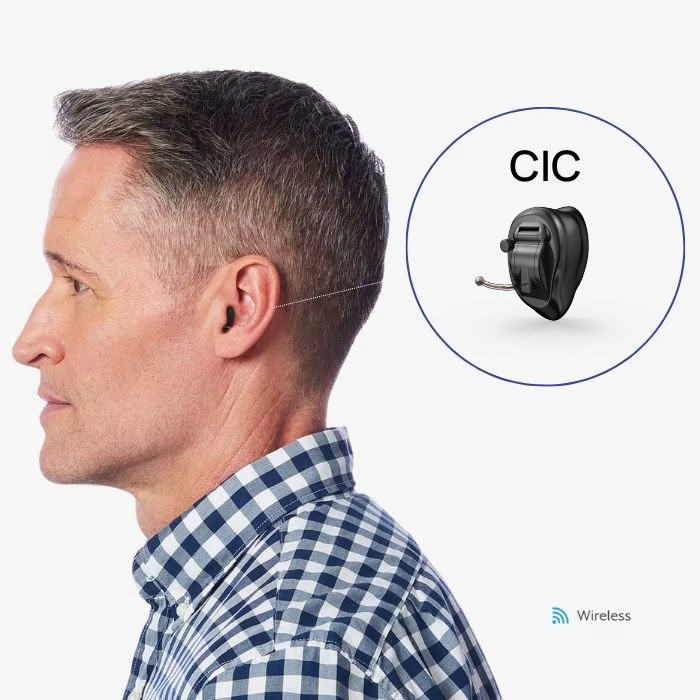 Adult wearing a Starkey completely-in-canal (CIC) hearing aid, illustrating a nearly invisible hearing solution customized for individual hearing needs.