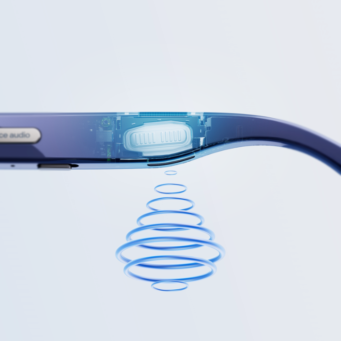 Close-up of Nuance Audio hearing glasses with built-in open-ear speaker