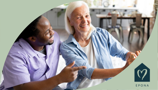 Epona lifestyle image showing carer and elderly lady in happy situation, framed with a green border and the Epona log bottom left