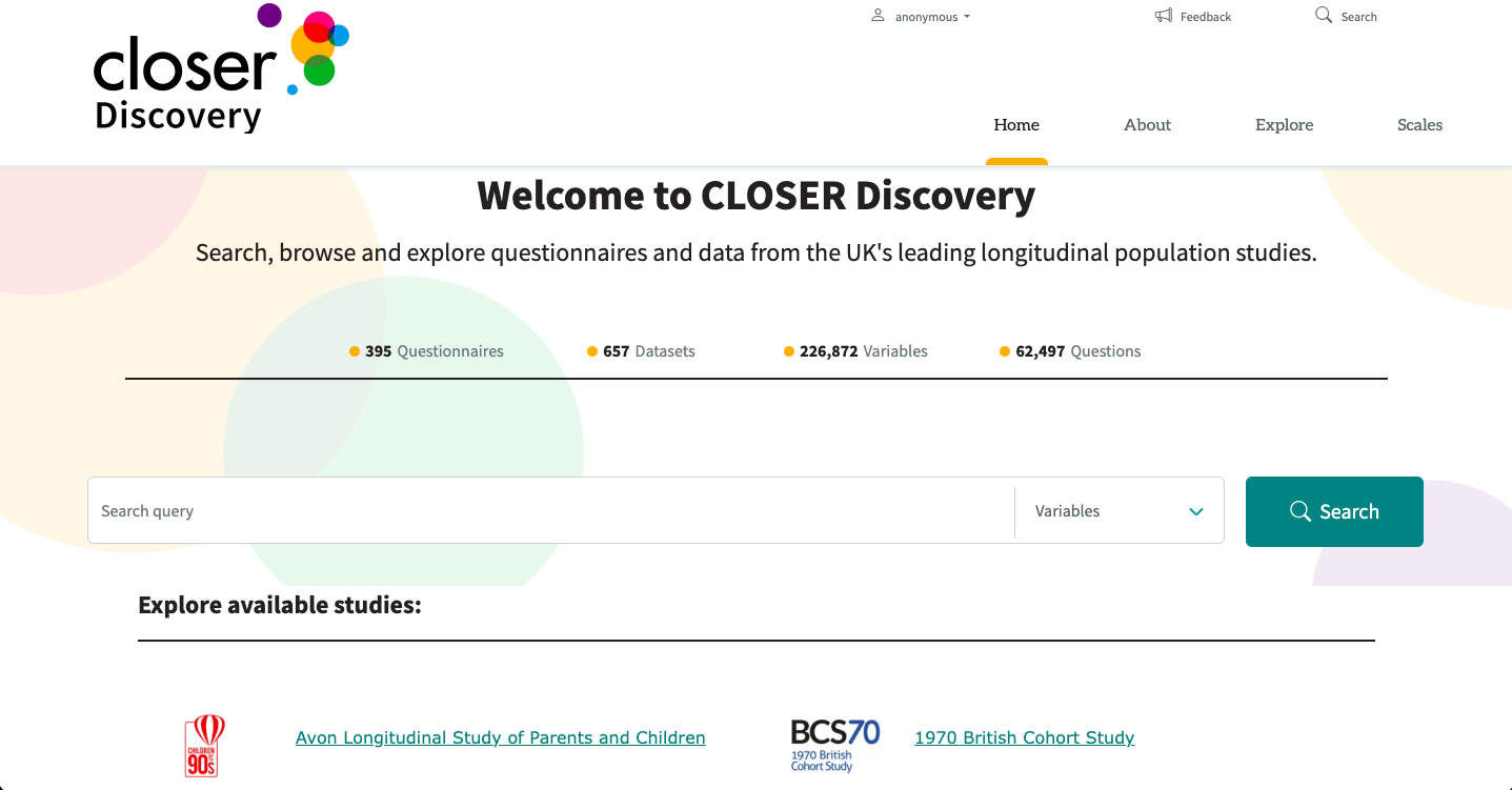 Screenshot of the CLOSER Discovery homepage showing the search bar and headline “Welcome to CLOSER Discovery”, with stats for questionnaires, datasets, variables and questions, plus links to explore longitudinal population studies.