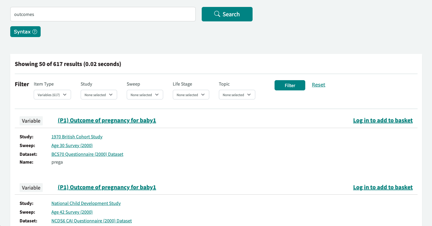 Screenshot of CLOSER Discovery search results for “outcomes”, showing 617 variable matches with filters for study, sweep, life stage and topic, and entries like “Outcome of pregnancy for baby1” linked to UK cohort studies.