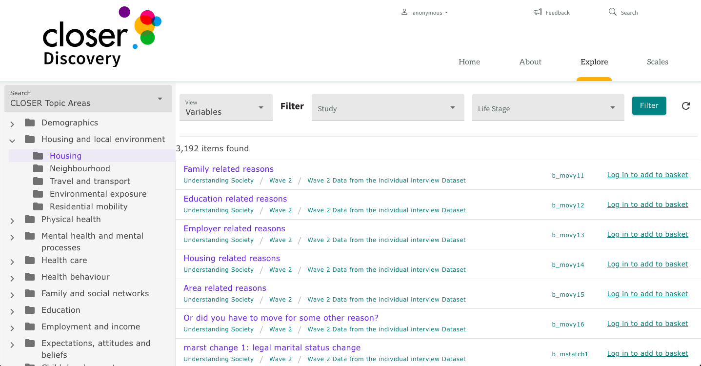 Screenshot of CLOSER Discovery’s Explore page showing a topic tree (Housing selected) and 3,192 variables listed, with filters for study and life stage and results from datasets like Understanding Society.