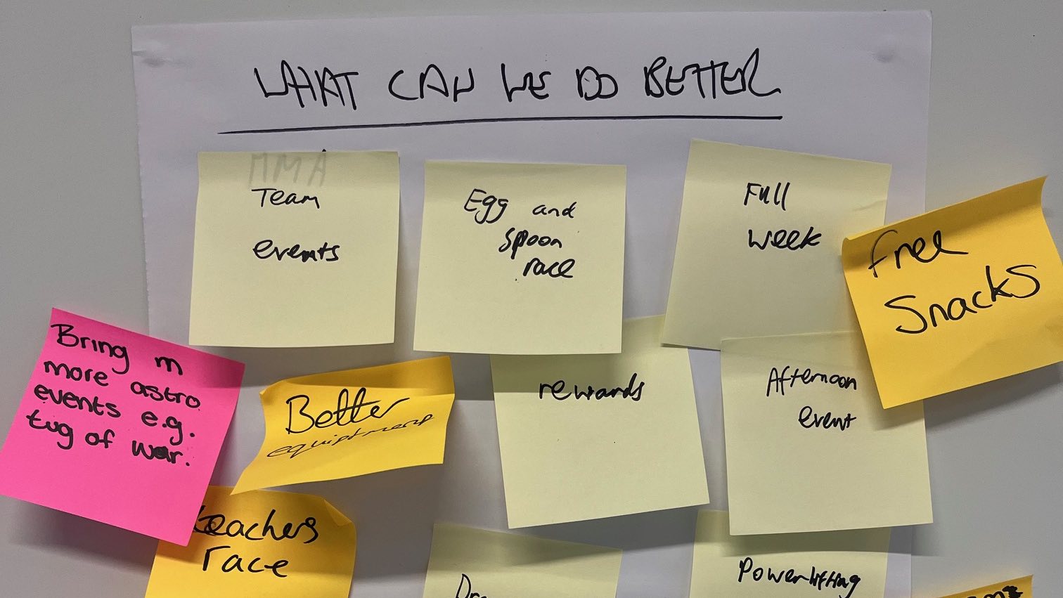 Student ideas captured on a post-it note wall at UTC OLP, showing feedback and suggestions for improving activities, including teamwork, events and rewards, highlighting active participation and creative thinking.