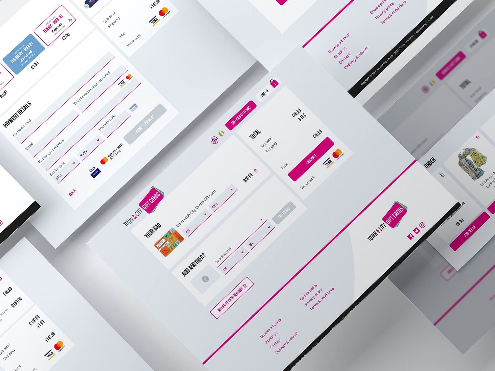 UI system for Town and City Gift Cards showing scalable platform infrastructure supporting multiple programmes, transactions and user journeys across a global network.