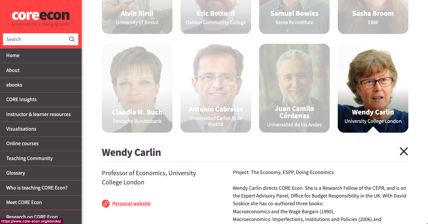 CORE Econ interface showing contributor profiles, filters and academic leadership including UCL economist Wendy Carlin.