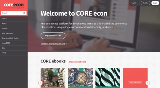 CORE Econ homepage showing ebooks, topics and navigation for students and educators using an open-access economics learning platform