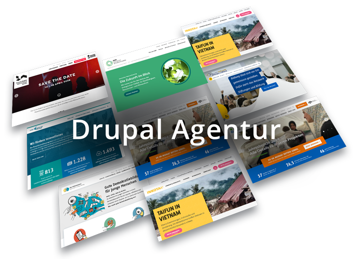 Mehrere von goodDEV umgesetzte Websites nebeneinander, darüber der Schriftzug ‚Drupal Agentur‘