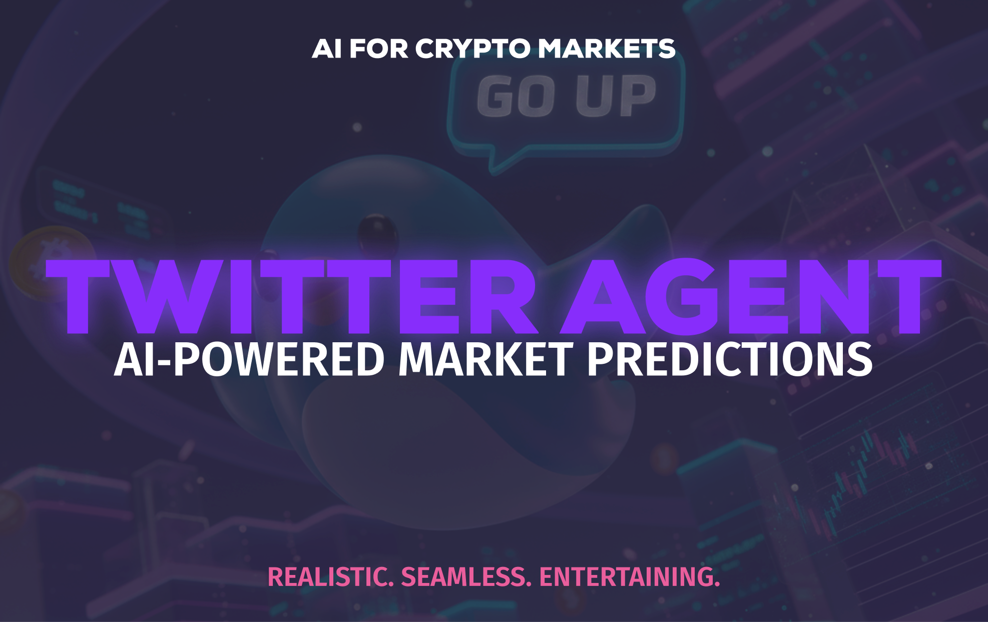 Promotional graphic for AI-powered Twitter Agent predicting crypto market trends with text and a stylized blue bird mascot.