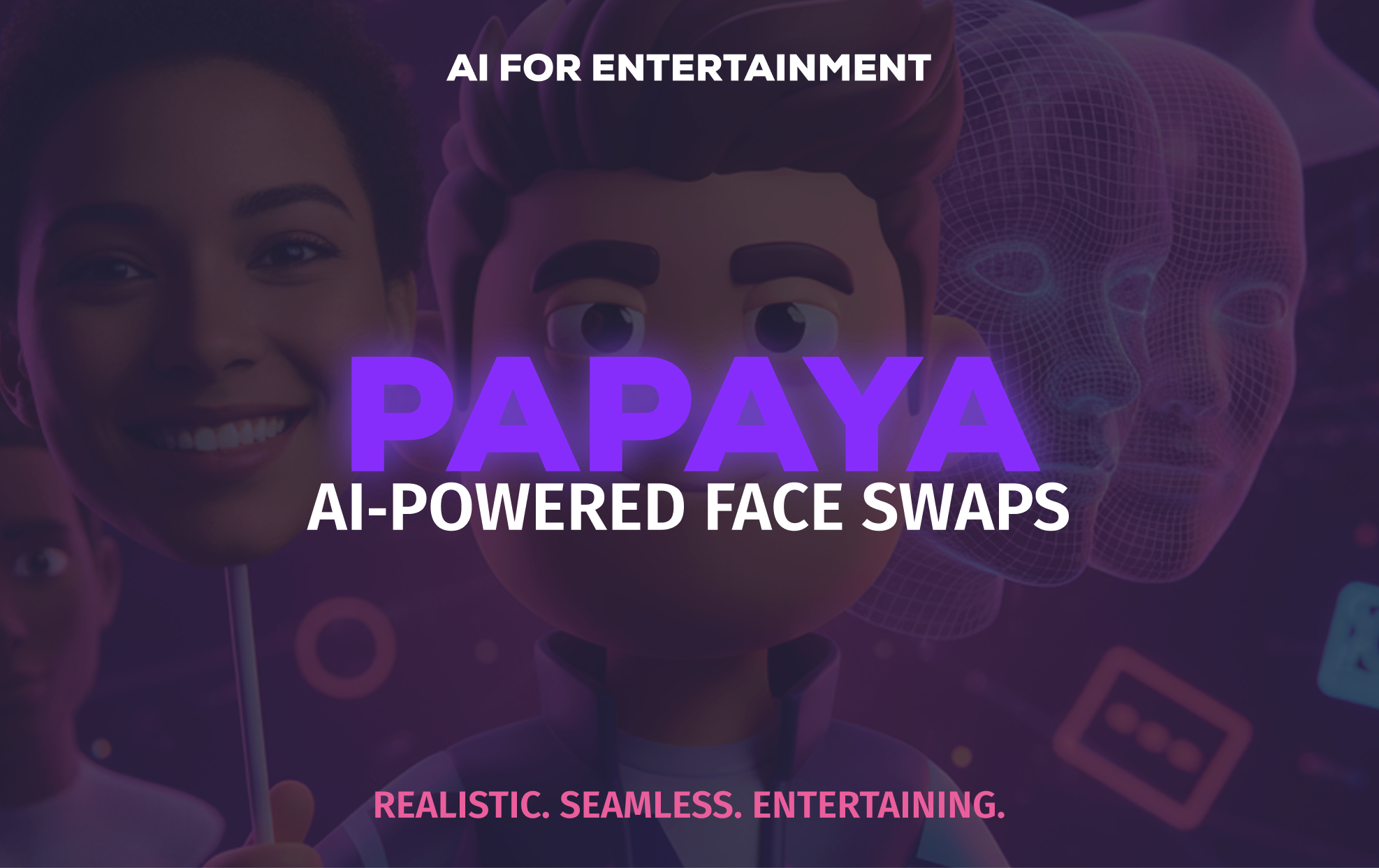 Promotional image for Papaya AI-powered face swaps featuring animated character heads and digital wireframe faces.