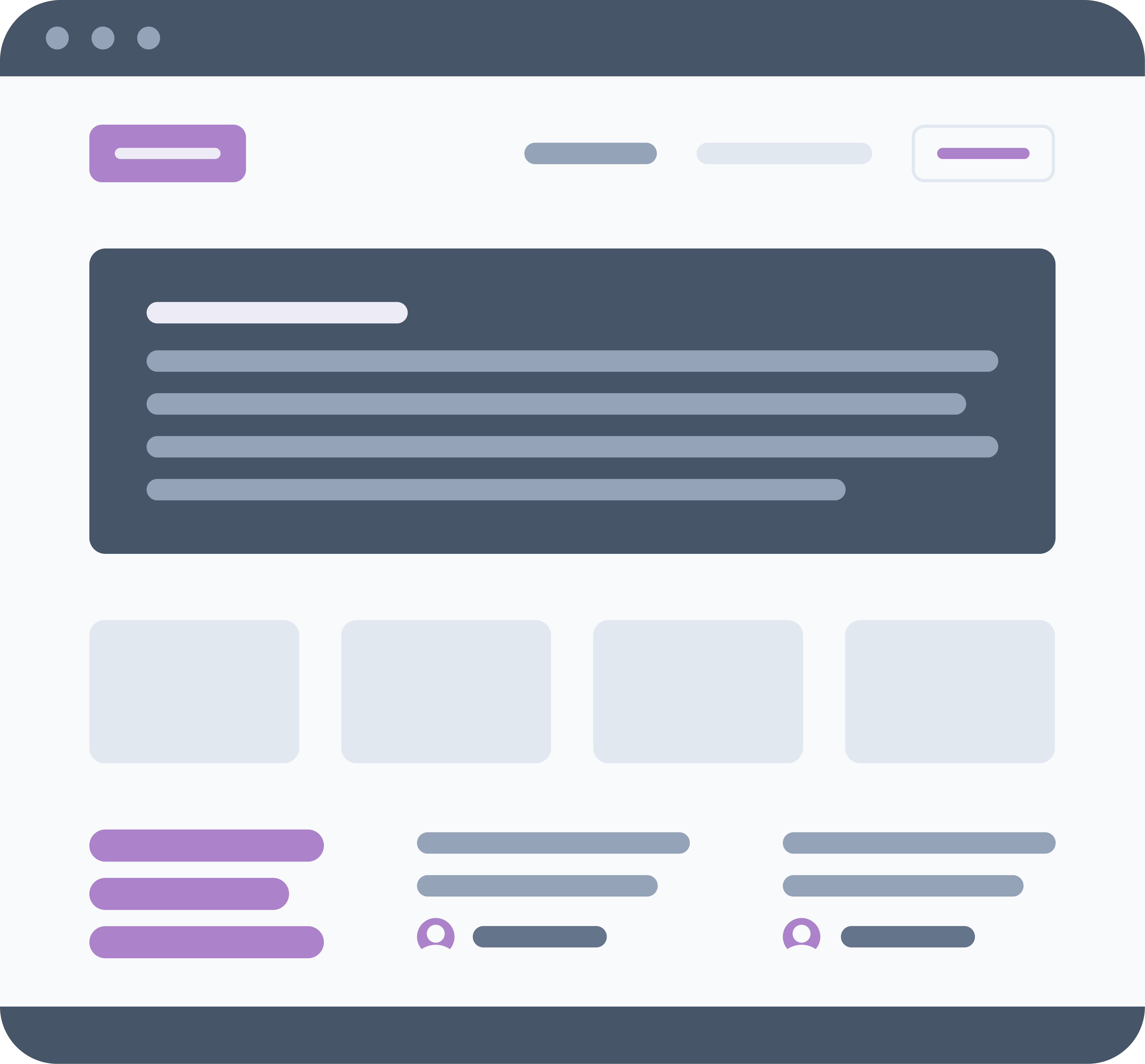 Illustration of a website layout with a dark header bar, navigation tabs, a large dark content box with multiple lines, four light rectangular placeholders, and sections of text and icons below.