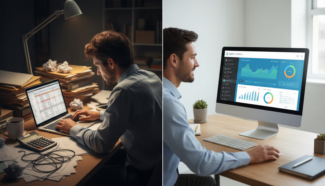 Alt text: Imagem dividida ao meio mostrando um contraste entre dois cenários de trabalho. À esquerda, um homem trabalha à noite em uma mesa bagunçada, com pilhas de papéis, calculadora, xícara de café e um notebook exibindo uma planilha. À direita, o mesmo homem aparece em um ambiente claro e organizado, sorrindo diante de um monitor com dashboard da plataforma SplitC, com gráficos e indicadores de desempenho na tela. A composição comunica a transição de um processo manual e estressante para uma solução digital mais simples e eficiente.
