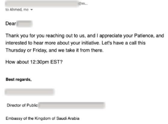 A reply from the commercial attache of the Embassy of Italy to the UAE, asking for a contact number.
