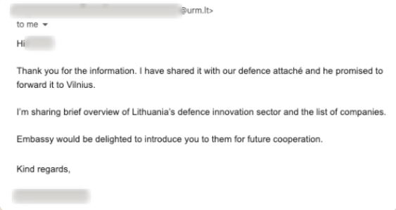 A reply from a Lithuanian embassy contact who shared the information with their defence attache and offered introductions.