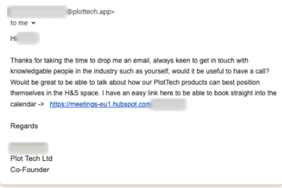 A reply from a co-founder at Plot Tech, suggesting a call and sharing a booking link.