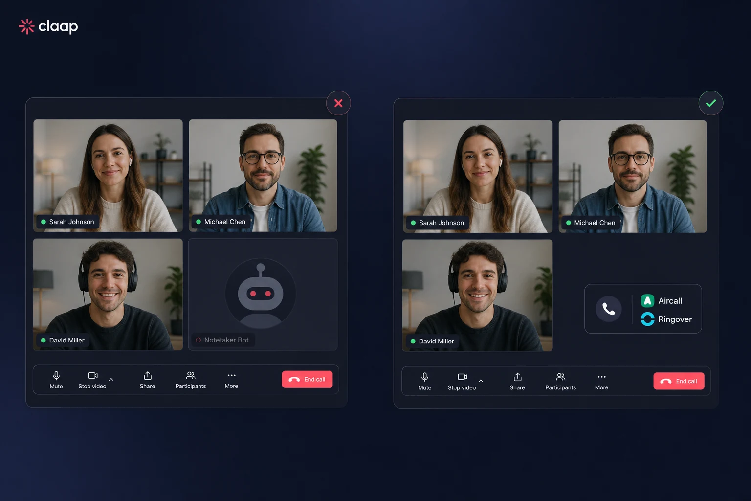 Side by side: a meeting with a recorder bot tile versus a clean Claap-captured call