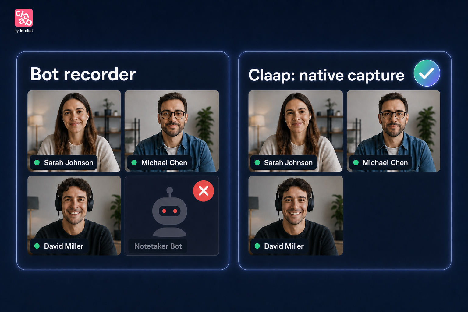 Side by side: a meeting with a recorder bot tile versus a clean Claap-captured call
