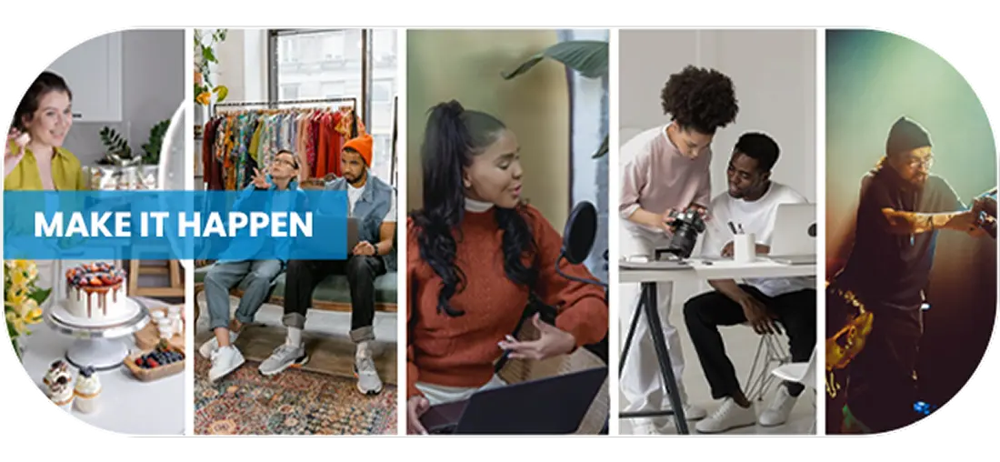 Collage of people creating and collaborating: baking, shopping, podcasting, photography, and virtual reality.