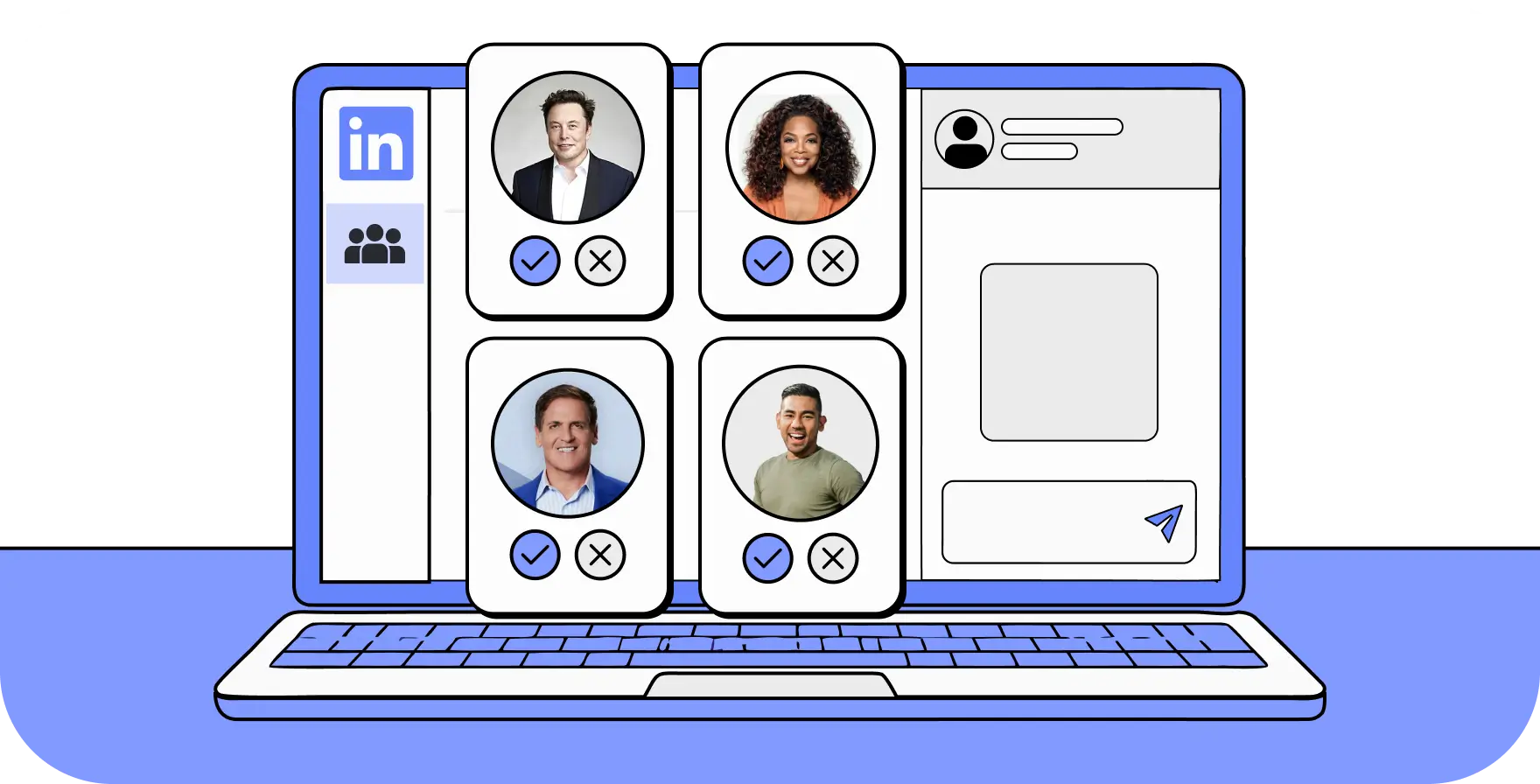 LinkedIn profile cards on a laptop screen with connection requests.