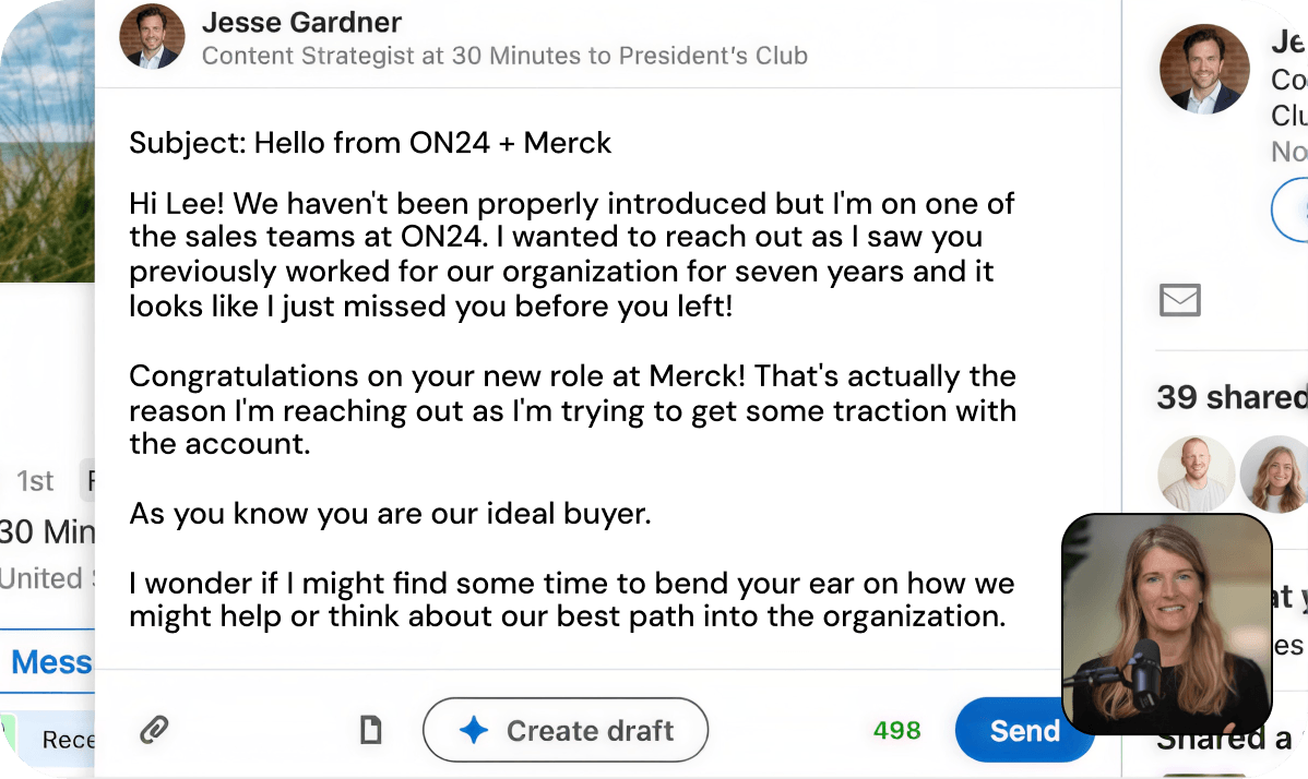 LinkedIn message composer showing the warm introduction request Sam sends.