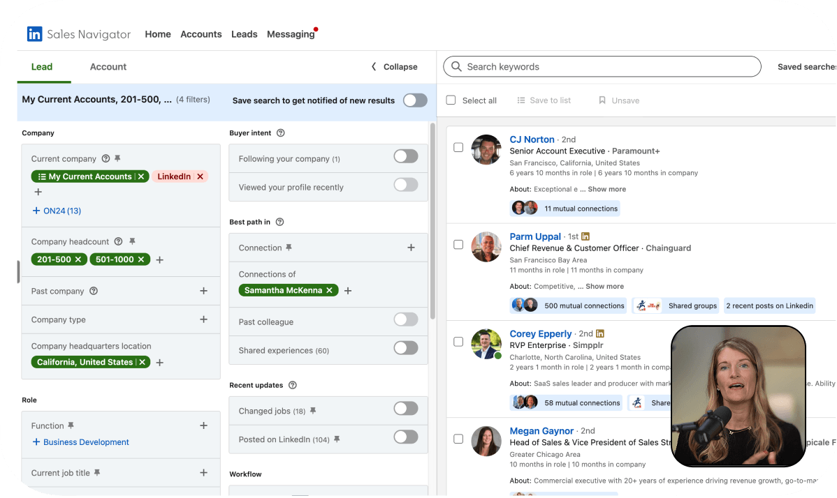 LinkedIn Sales Navigator account search with Sam’s exact filters and saved searches.