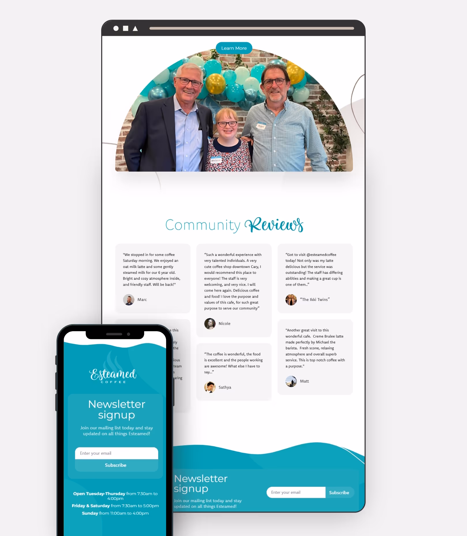 Mockup of the Esteamed Coffee websites home page, showing it on mobile devices and desktop