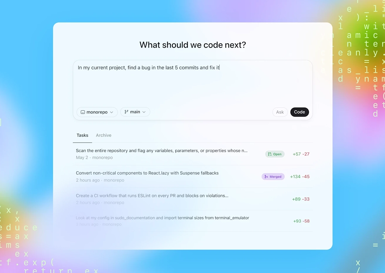 graphic showing a user asking ChatGPT's Codex to fix 5 bugs in their code
