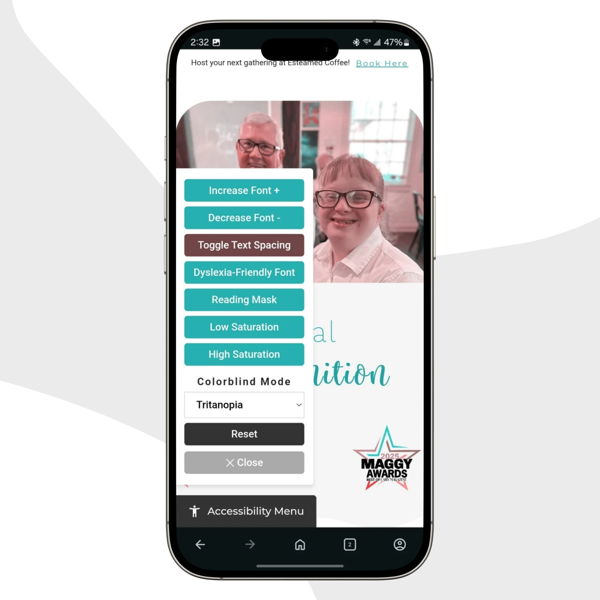 accessibility menu for Esteamed Coffee's site