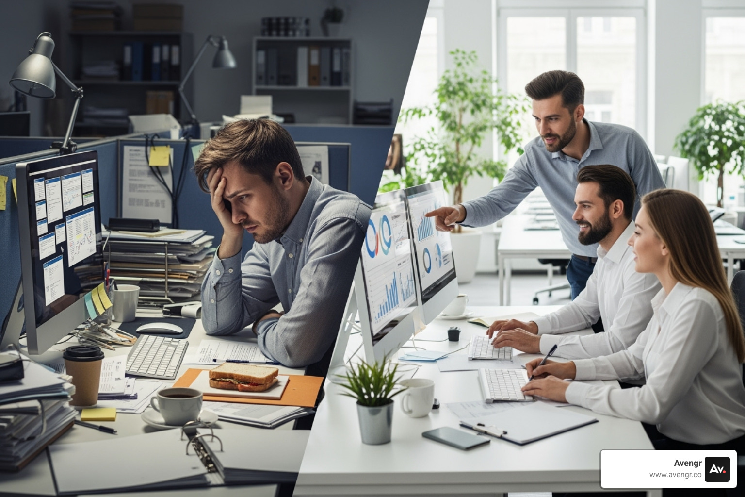 overwhelmed in-house employee compared to a focused team of agency experts - social media management agencies