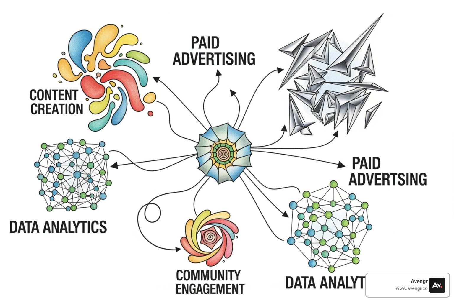 illustration of the different components of a social media strategy (content, ads, analytics, community) - social media management agencies