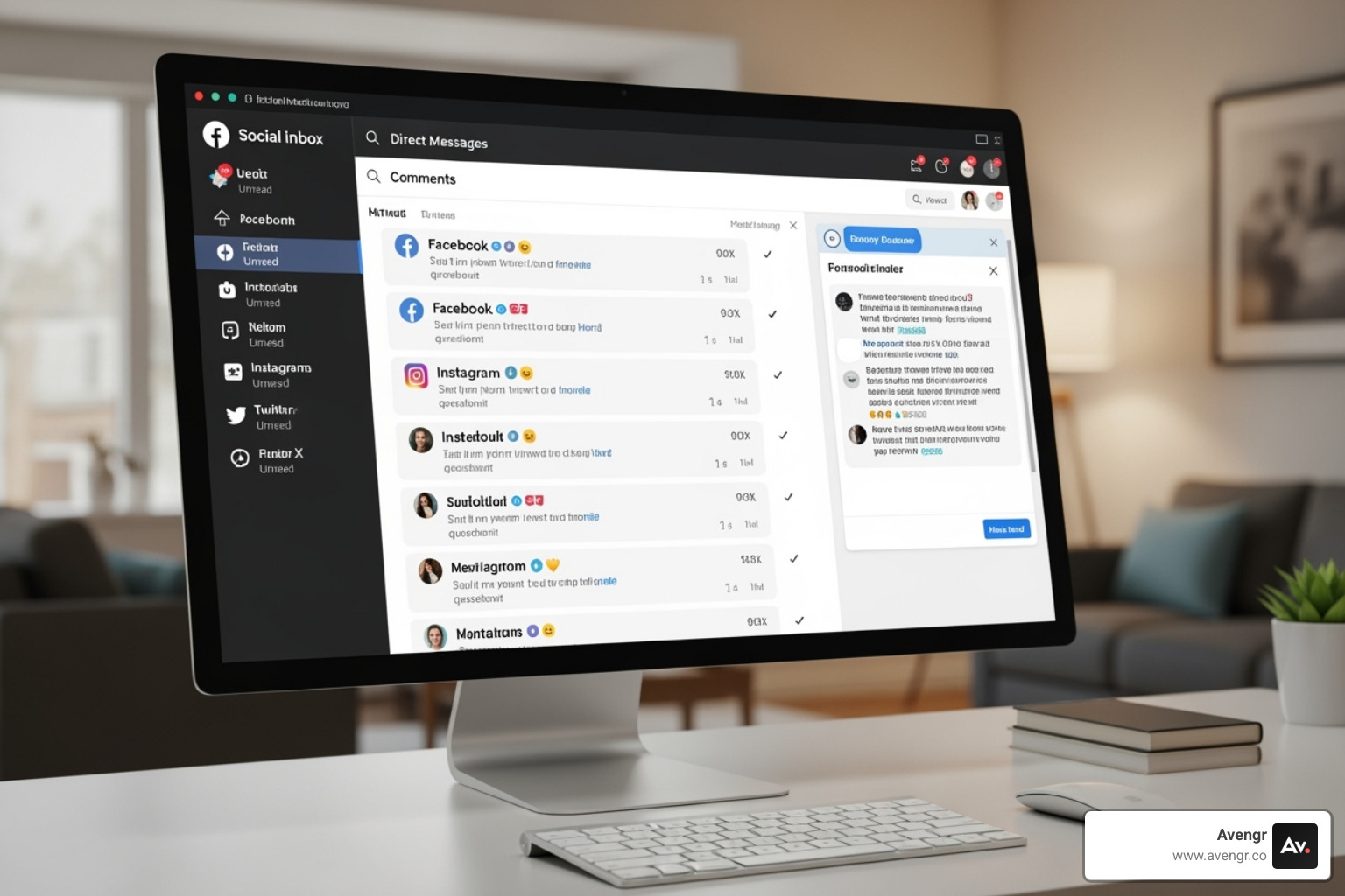 Unified social media inbox dashboard showing comments and messages from multiple platforms - social media scheduler for agencies