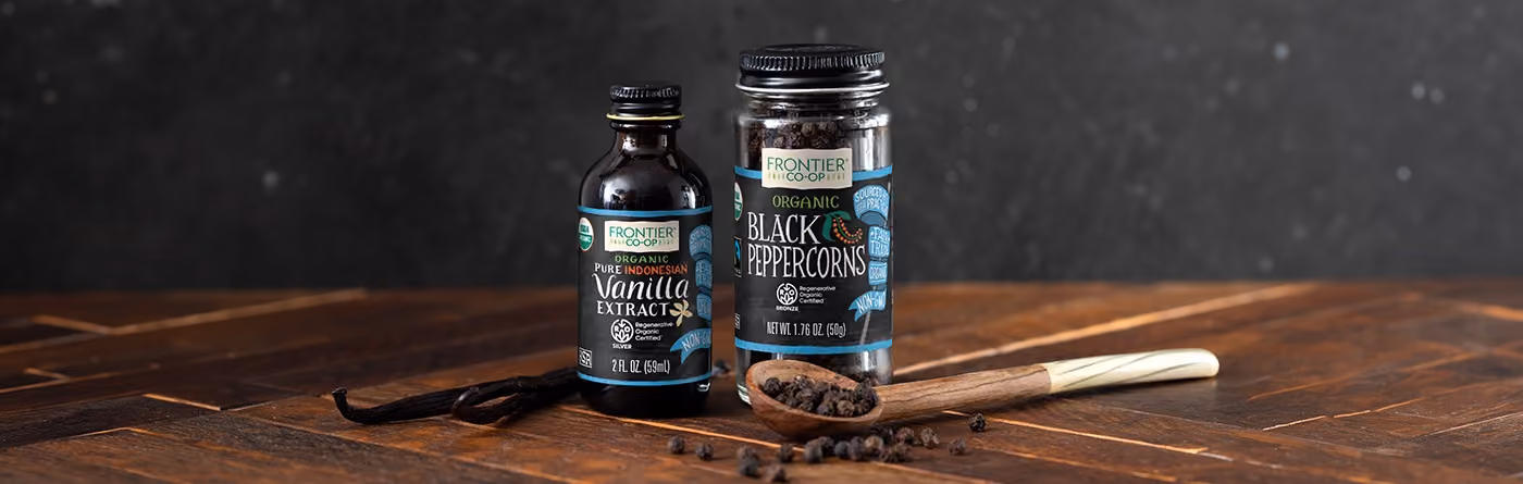 Frontier Co-op Regenerative Organic Certified vanilla extract and black peppercorns