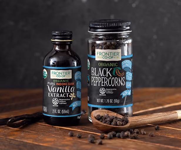 Frontier Co-op Regenerative Organic Certified vanilla extract and black peppercorns