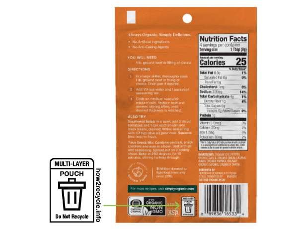 Example of recycling info on a Simply Organic product package