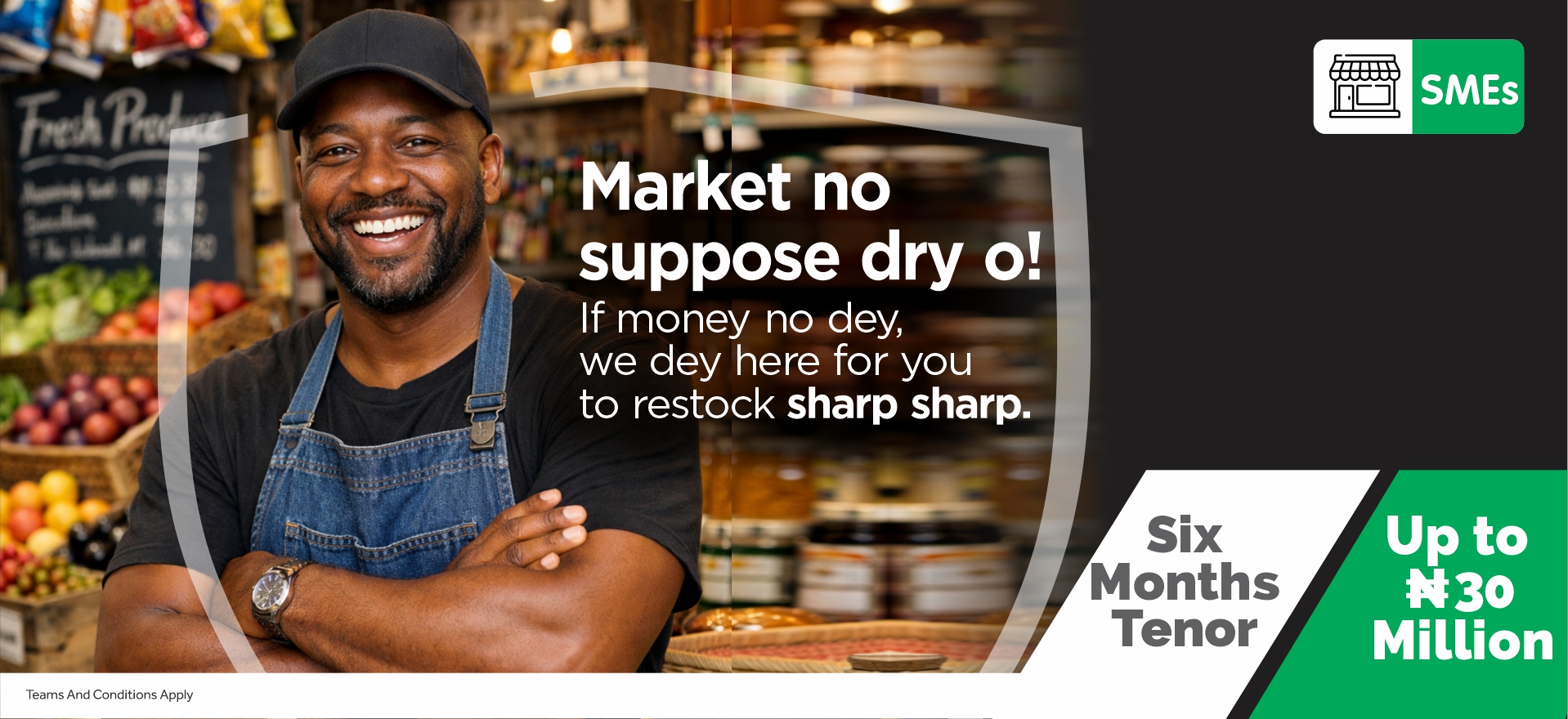 Smiling man in apron in a market with text offering six-month loan up to ₦30 million.