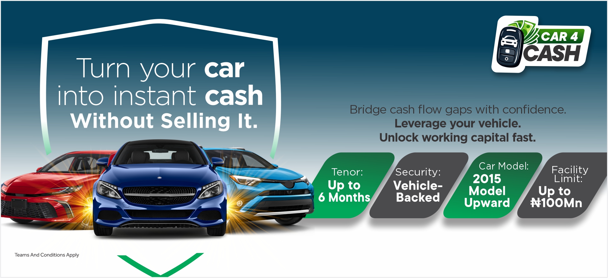 Car 4 Cash ad showing three cars and text about turning your car into instant cash without selling it.