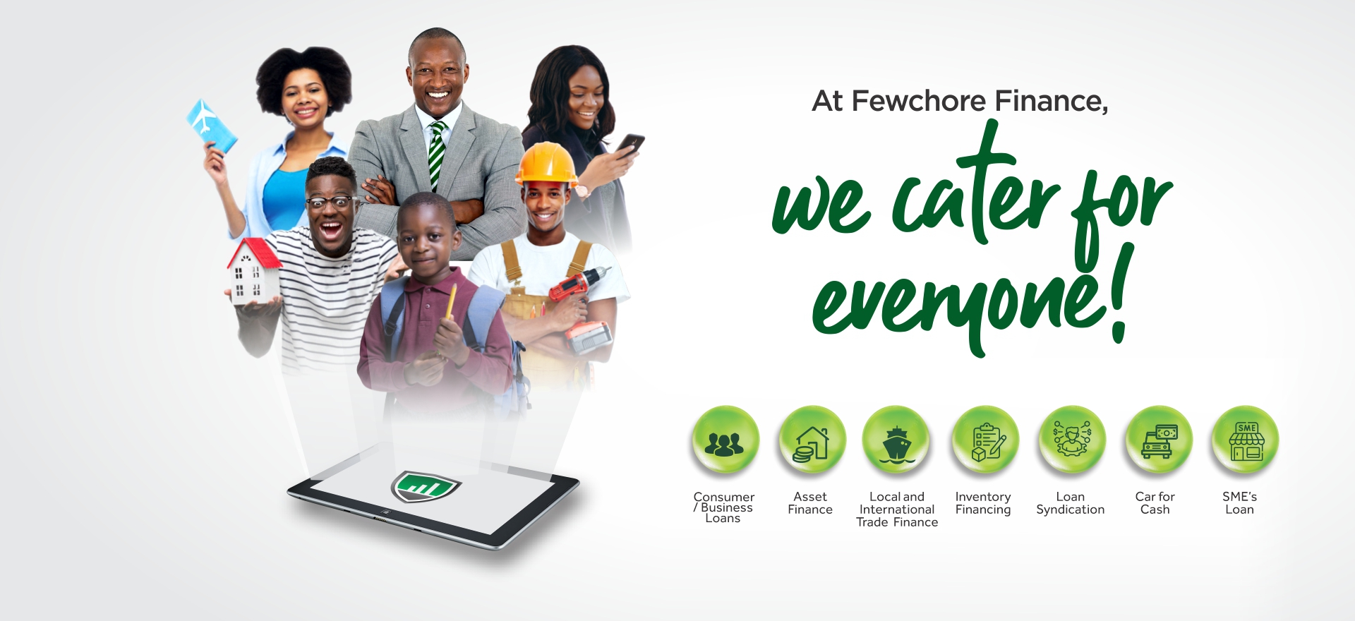Diverse group above tablet with Fewchore Finance services: loans, asset finance, trade, inventory, car, SME loans.