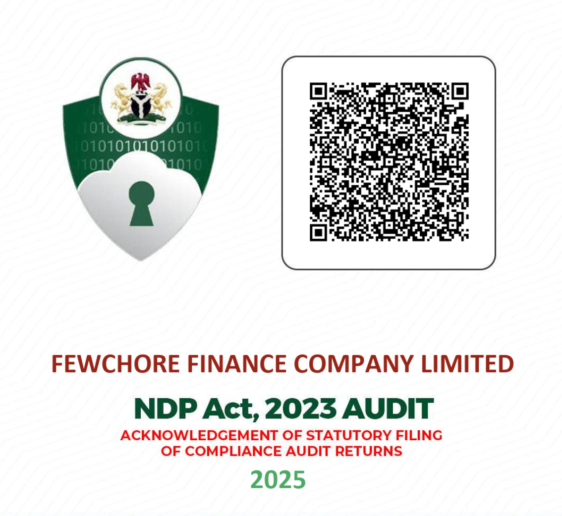 Fewchore Finance Company Limited NDP Act 2023 audit acknowledgment for compliance audit returns 2025 with QR code and emblem.