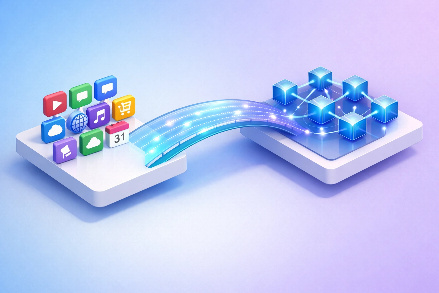 Bridge connecting traditional web apps to blockchain network illustrating Zapier integration challenge